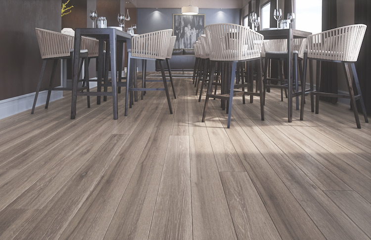 Grey/brown CorkWood floors in a dining space.