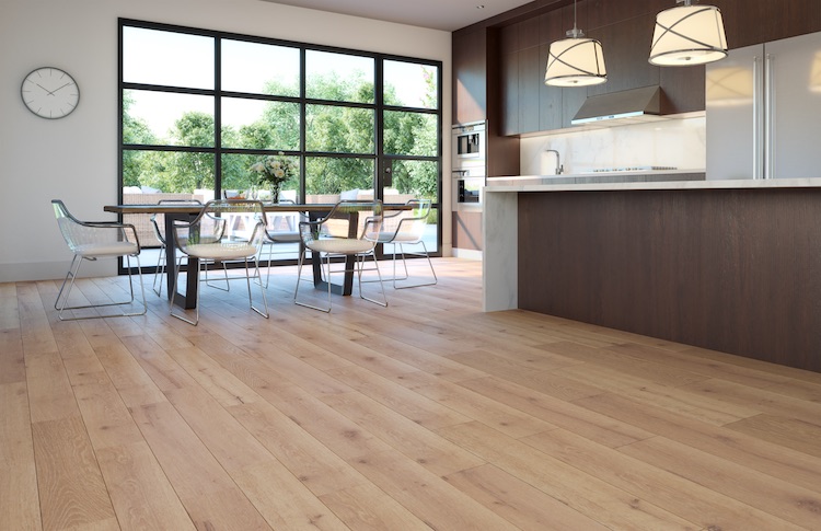 CorkWood floors in a dark wood kitchen. 