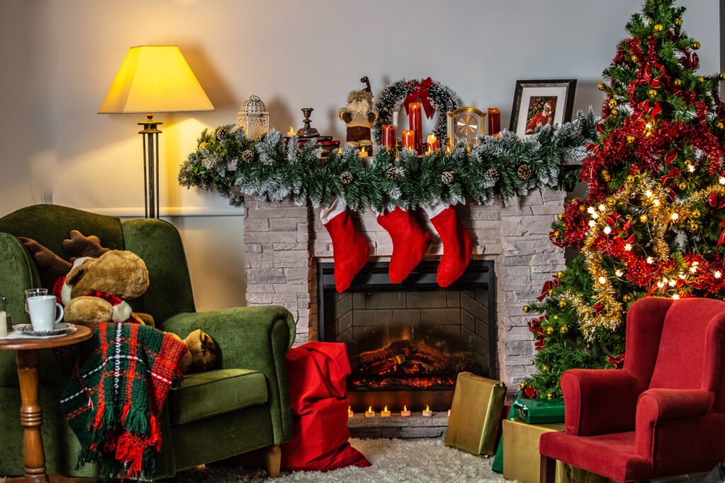 Fireplace with holiday decorations