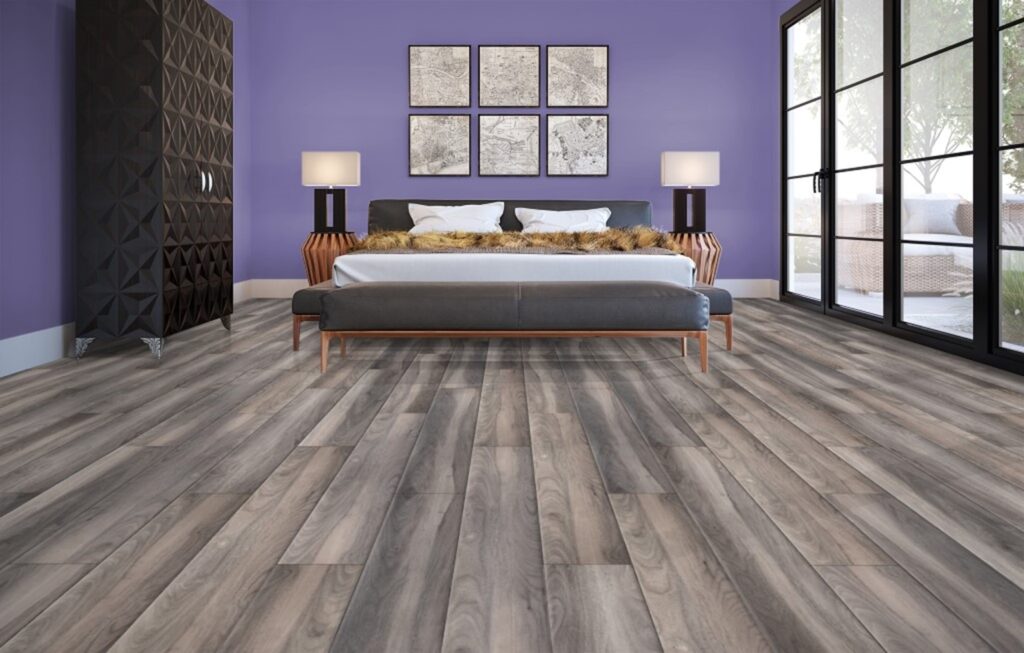 Bedroom with Olympic Loose Lay Rio Walnut Floors and Forget me Not Walls