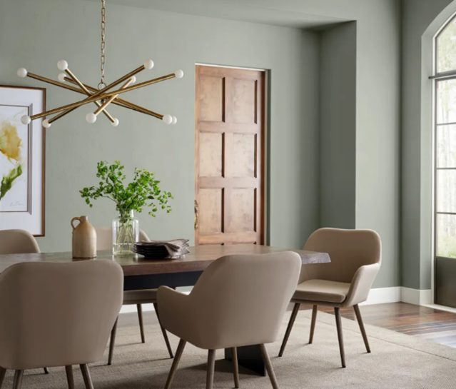 a picture of a living room with the walls painted Sherwin Williams, Evergreen Fog - SW 9130