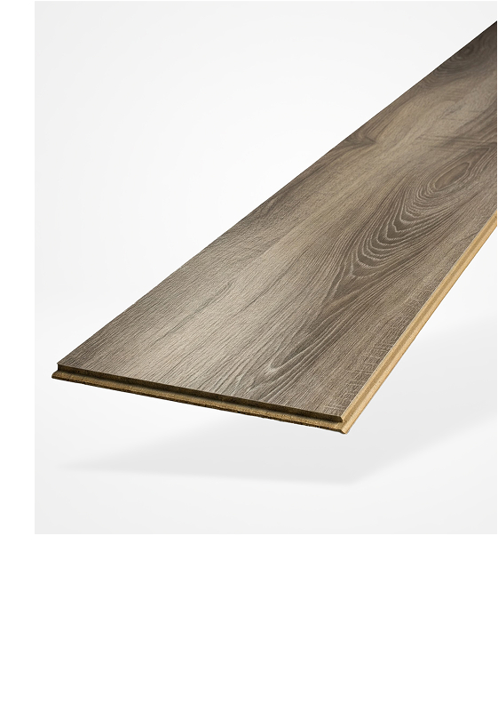 A single plank of laminate flooring with a wood grain pattern in shades of brown, displayed against a white background.