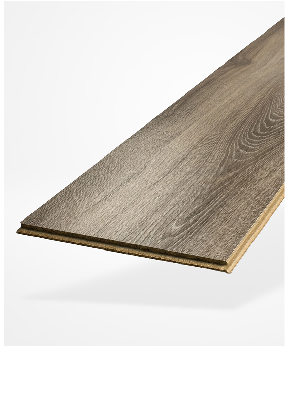 A single plank of wood-look laminate flooring with a textured, light brown surface and visible grain patterns, displayed against a white background.