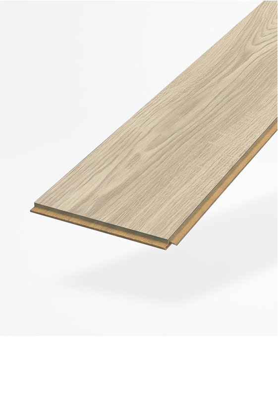 A single light wood laminate flooring plank with visible grain texture, isolated on a white background and slightly angled to show the tongue-and-groove edge design.