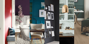 A collage of stylish interior rooms, each showcasing trending colours like red, purple, teal, black, white, and dark green, with various modern furniture and decor elements.