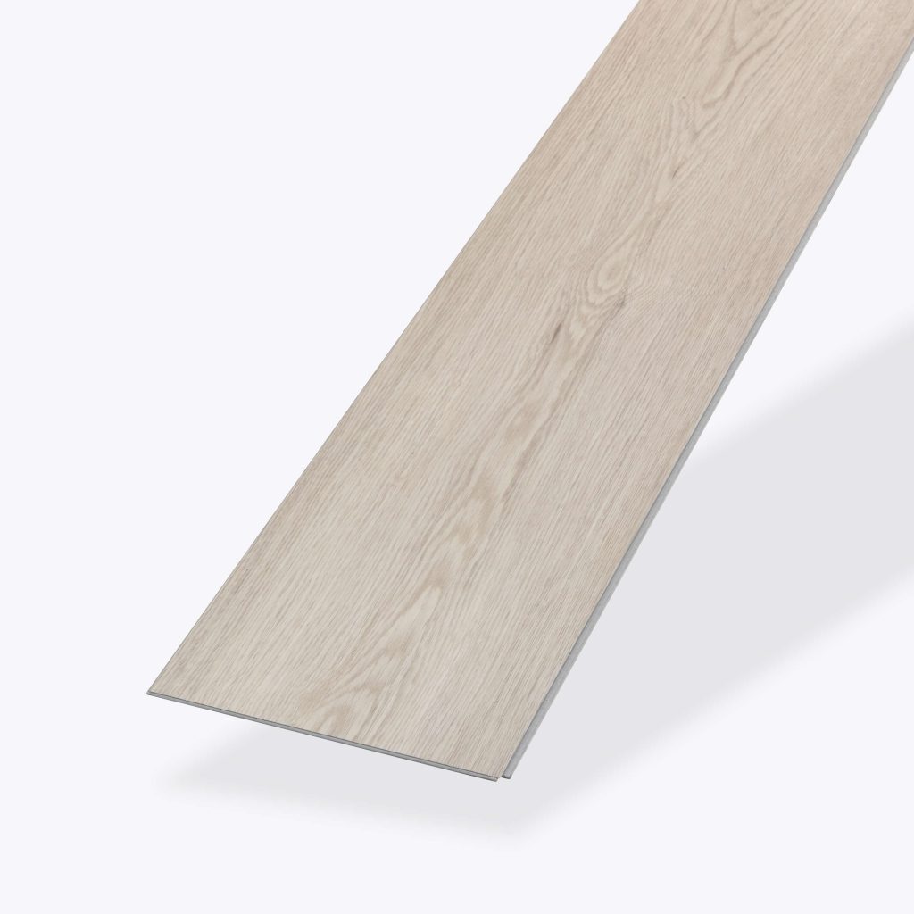 A single Lafleur* light wood-look vinyl plank is displayed against a plain white background, emphasizing its textured surface and rectangular shape.