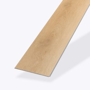 A single Beliveau* plank of light wood-textured flooring, seen angled against a plain light background, features a natural oak look with visible grain patterns.