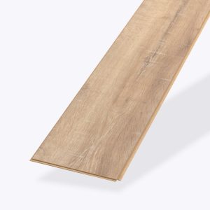 A single Beverley Oak laminate flooring plank, rectangular and light brown with a wood-look grain texture, is displayed on a plain white background to highlight its thin profile.