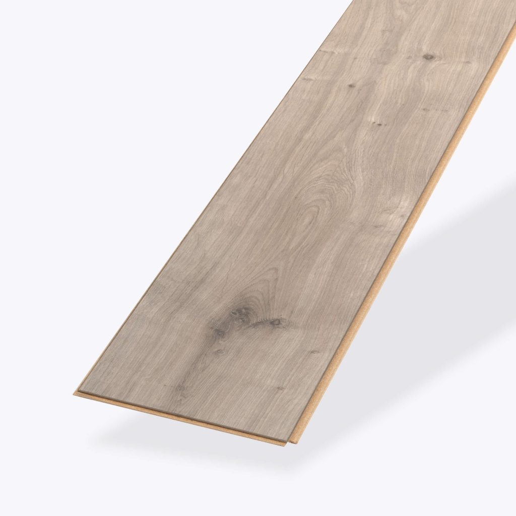 A single plank of Laurel Oak laminate flooring in light brown, featuring subtle grain patterns and knots, displayed against a plain white background.