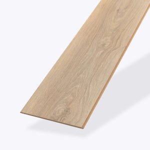 A single plank of Peyto laminate flooring in a light wood color with a natural grain pattern, displayed on a white background.