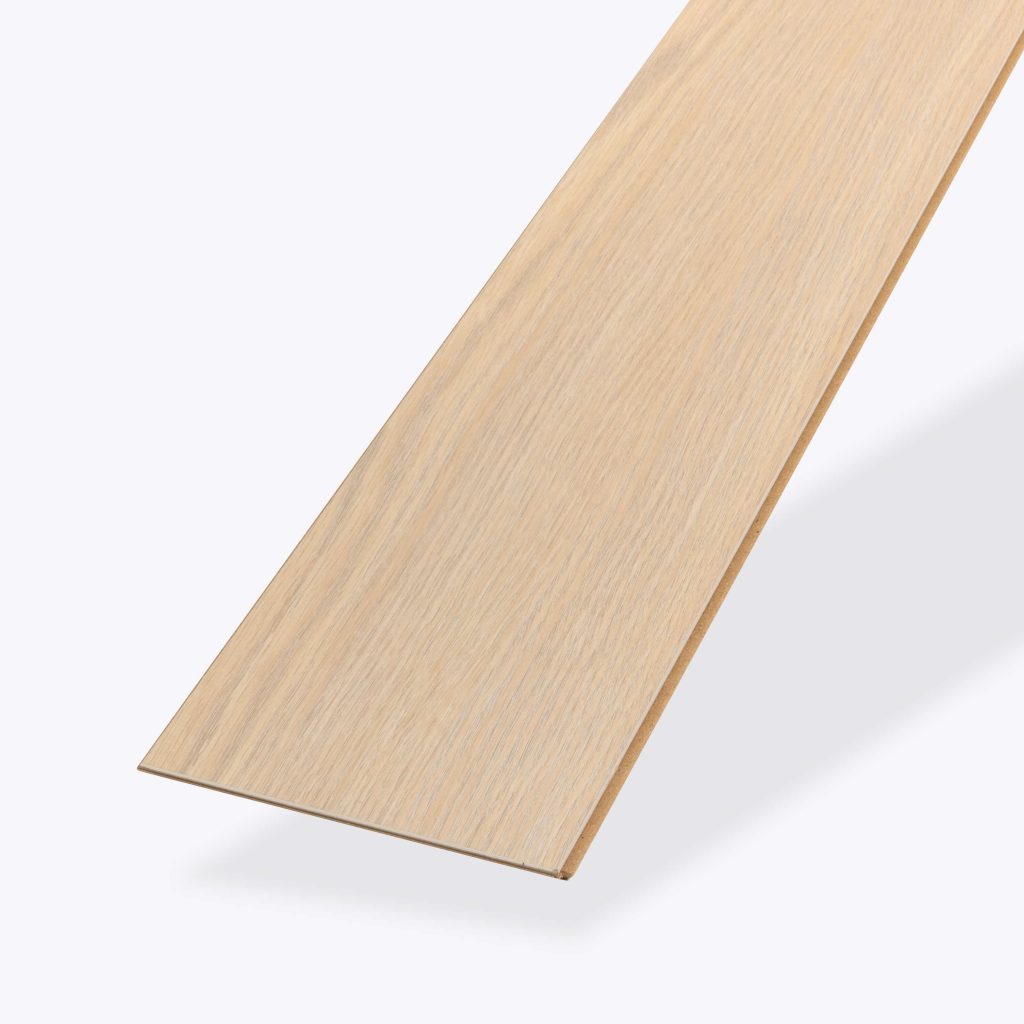 A single rectangular plank of Agnes, a light-colored wood flooring, is shown on a white background with a slight shadow, highlighting its smooth texture and clean edges.