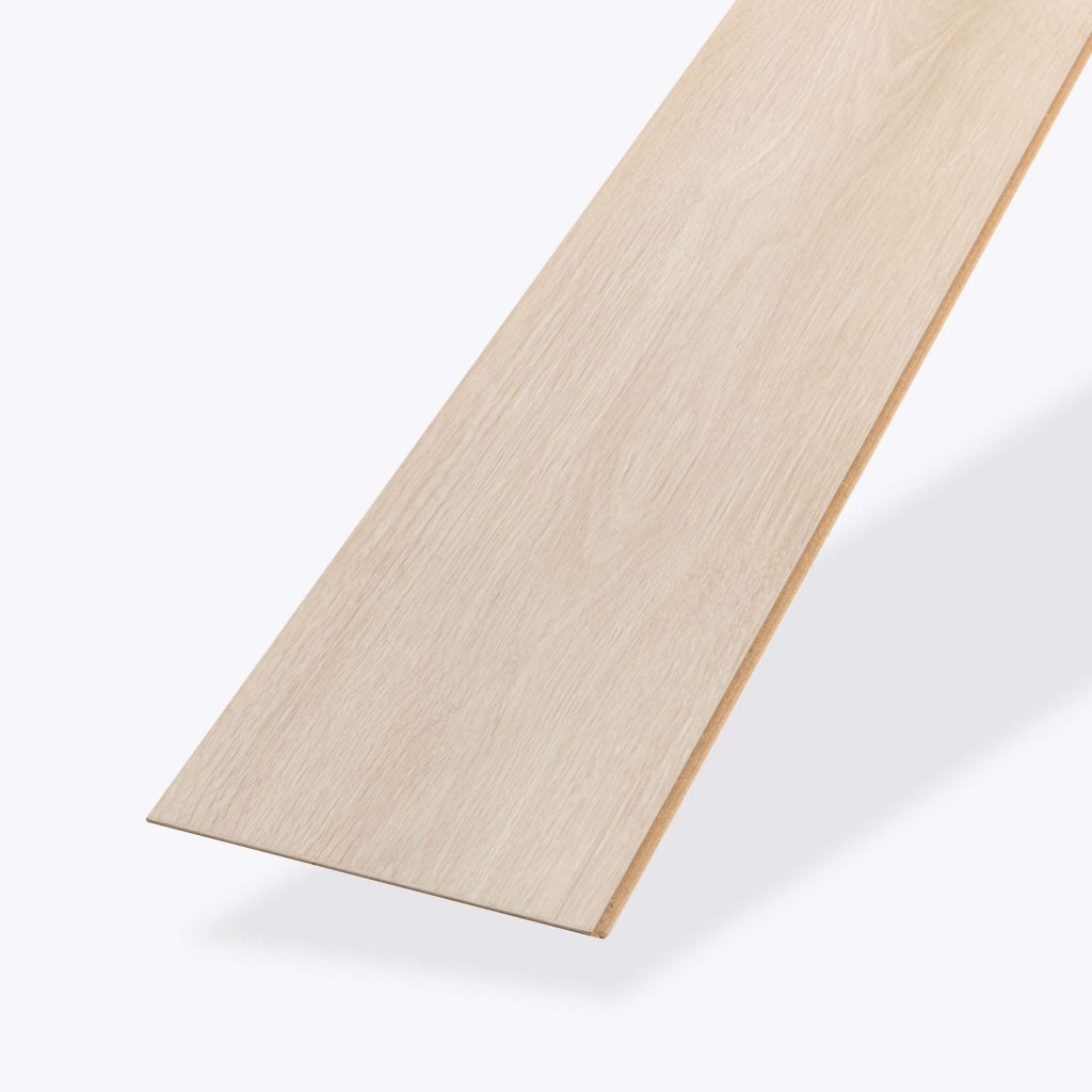 A single plank of O'Hara light-colored wood laminate flooring is displayed diagonally on a plain white background, featuring a subtle wood grain texture and a smooth finish.