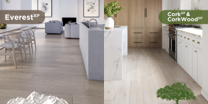 A split-screen image shows two modern interiors: a living room with light wood floors labeled TORLYS Everest XP on the left, and a kitchen with similar floors labeled CorkXP & CorkWoodXP on the right.