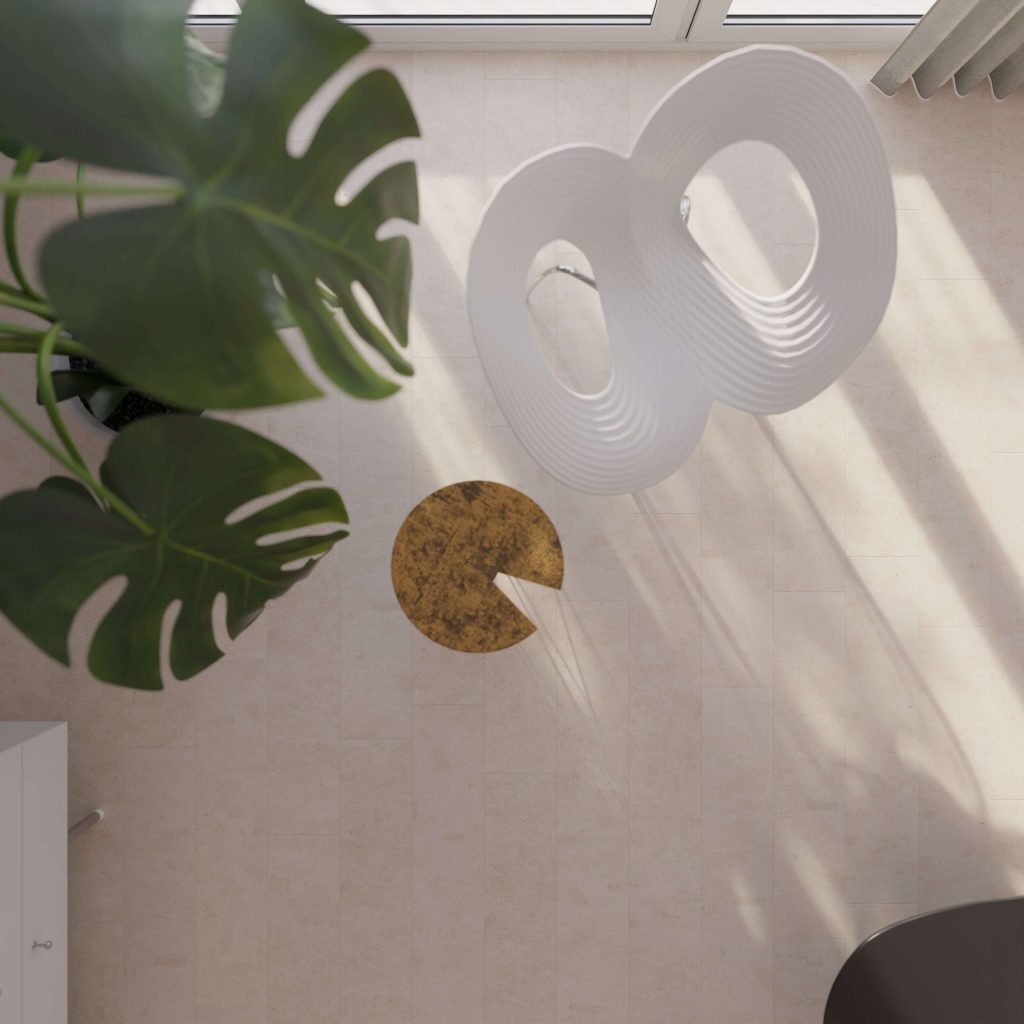 Overhead view of a minimalist room featuring Vintage Cinder flooring, a large green monstera plant, a round gold accent on the floor, a modern white pendant light, and sunlight casting soft shadows.