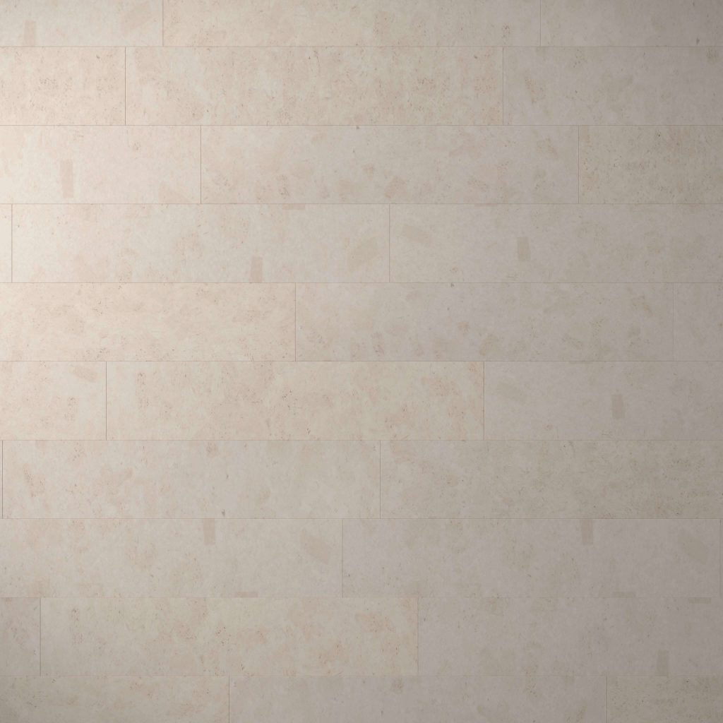 Vintage Cinder tiles feature a light beige tone and are arranged horizontally in a staggered pattern, offering a smooth, clean wall surface with subtle color and texture variations.