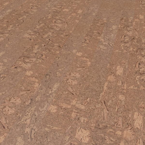 Close-up of Burl Natural cork flooring, highlighting its unique, textured pattern with varied brown and tan shades, plus visible grain across the surface.