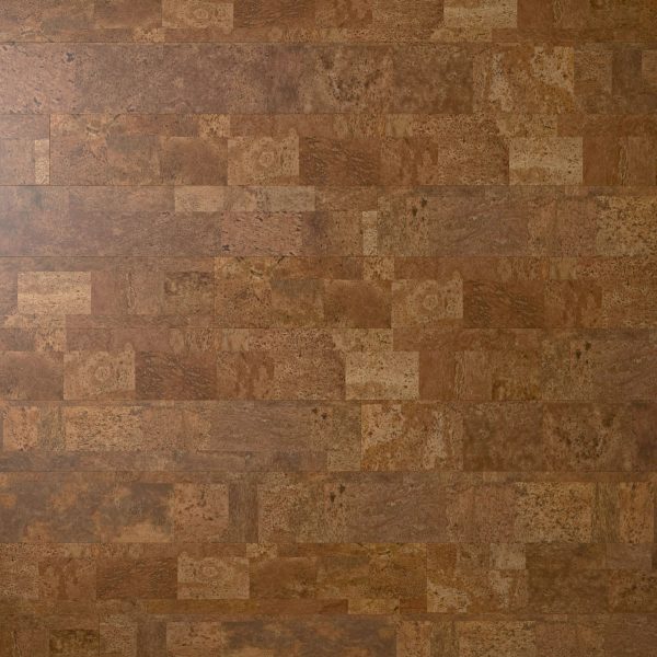 A close-up view of the Boulevard Natural cork tile floor, featuring rectangular tiles in varying brown shades and a naturally textured surface.