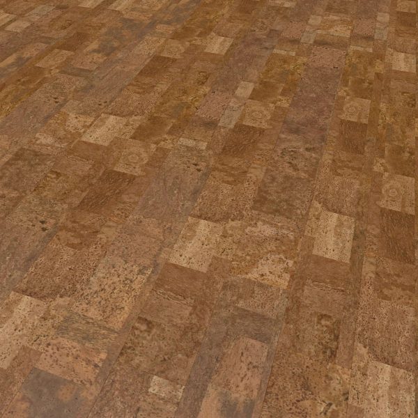 A close-up view of Boulevard Natural cork flooring, featuring a warm brown color and a patchwork pattern of rectangular tiles with varied textures and shades.