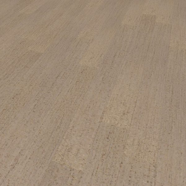 Close-up view of Paseo Aspen cork flooring featuring a light brown hue, subtle natural texture, and visible seams between rectangular planks for a smooth, uniform appearance.