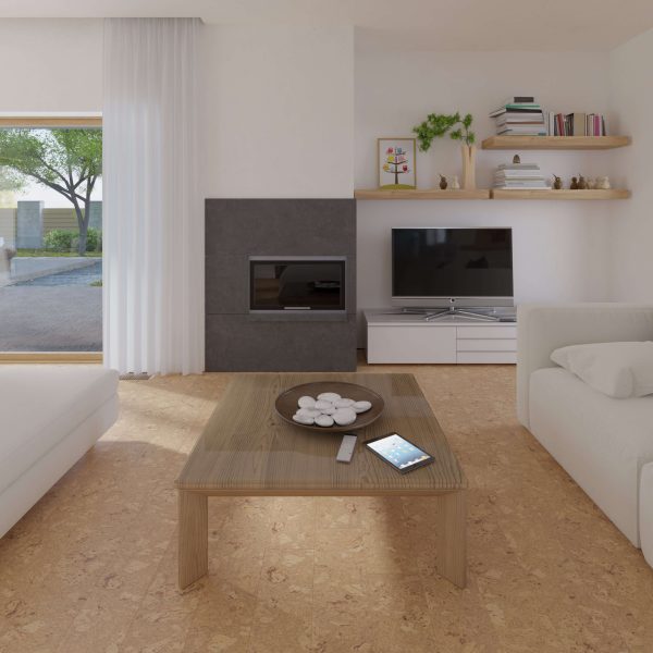 A modern living room with light walls, large window, wooden Burl Natural coffee table featuring a bowl of white stones, white sofa, flat-screen TV on low cabinet, floating decor shelves, and a fireplace.
