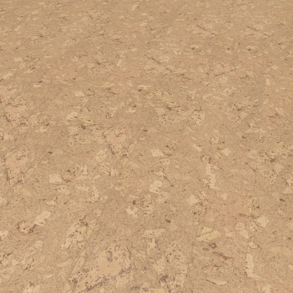 A close-up view of Burl Natural cork flooring, featuring a light brown speckled pattern and visible natural texture.