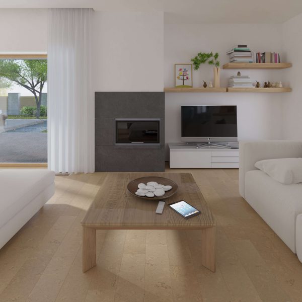 A modern living room featuring Burl Chai light wood floors, white sofas, a wooden coffee table with a bowl and tablet, shelves with books and plants, a flat-screen TV, and a large window offering an outdoor view.