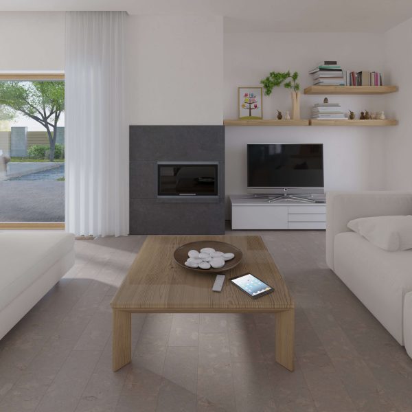 Modern living room featuring the Burl Oolong wooden coffee table, white sofas, TV, and fireplace. The table holds a bowl with round objects and a remote. Shelves with books and decor sit above the TV; large window reveals greenery outside.