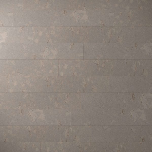 A close-up view of a wall tiled with Burl Oolong—a light gray rectangular stone tile featuring subtle beige and brown speckles, arranged in a staggered, brick-style pattern.