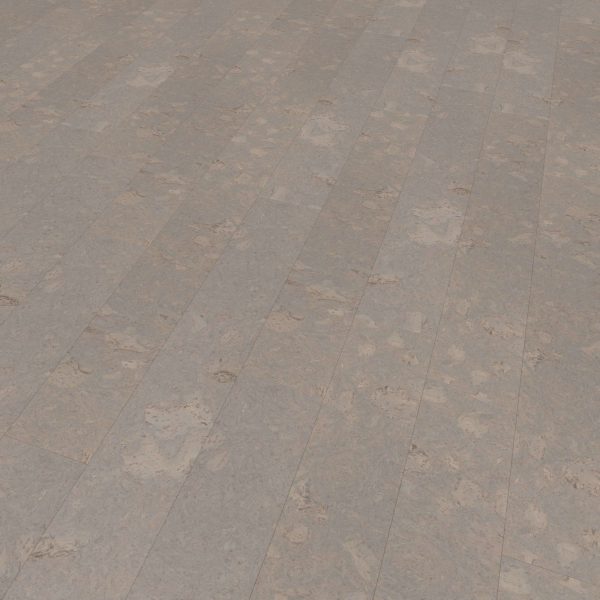 A close-up view of Burl Oolong cork flooring in light gray-brown, featuring visible natural patterns and texture, with multiple rectangular planks laid side by side.