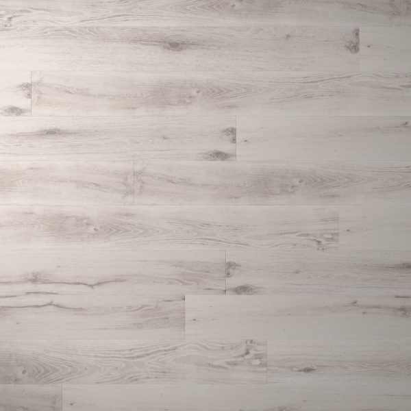 Palmetto Oak features light gray wooden floor panels with subtle grain patterns and natural knots, arranged in a staggered pattern. The smooth finish creates a modern, clean look for any space.