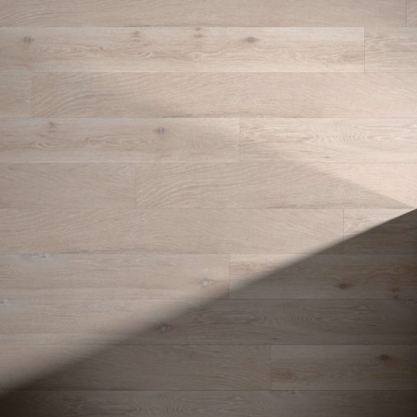 River Run Oak floorboards feature a light-colored finish with a subtle wood grain pattern. A diagonal shadow in the bottom right corner adds contrast to the evenly lit surface.