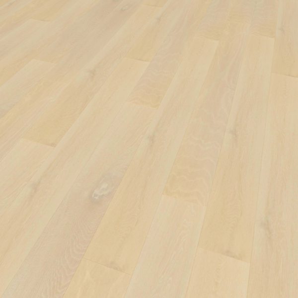 Rockport Oak features light-colored wide planks with a smooth finish, subtle wood grain, and natural variations, arranged in a staggered pattern for a clean, modern appearance.