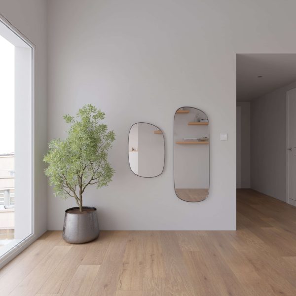 Minimalist room with light gray walls, Creekbed Oak flooring, potted leafy plant, two oval mirrors, and a large window streaming in natural light. Shelves are visible through the mirrors’ reflections.