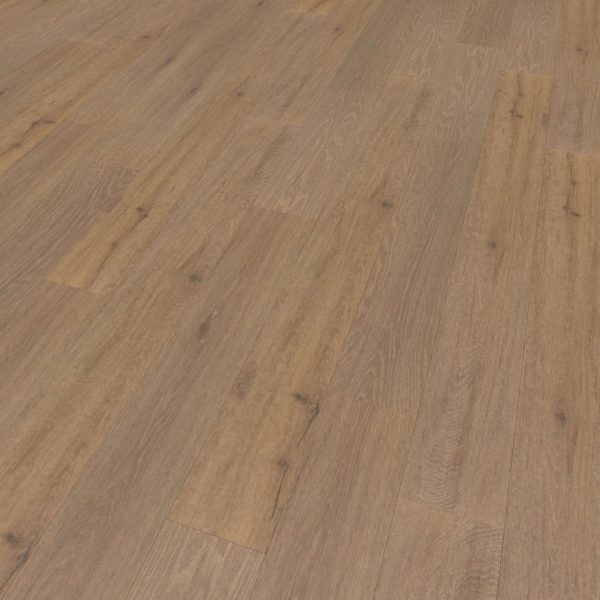 Close-up view of Creekbed Oak flooring with a natural light brown finish, showcasing visible wood grain patterns and knots. The planks are arranged in a staggered layout.