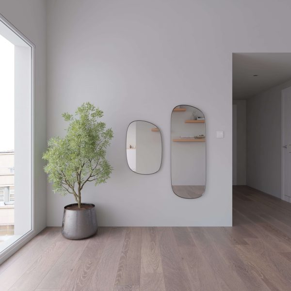 A minimalist room with light gray walls, a potted green plant on the Otter Oak* wooden floor, and two modern oval mirrors mounted on the wall near a large window.