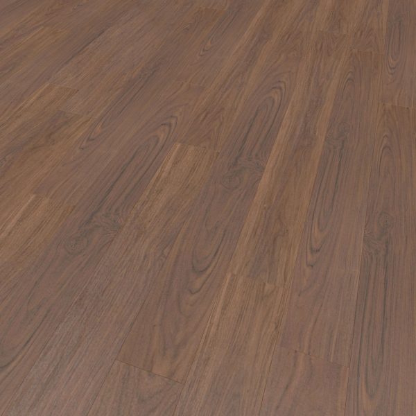 A close-up view of Adirondack Oak flooring highlights its reddish-brown wood tones, glossy finish, and natural grain patterns with subtle color and texture variations.