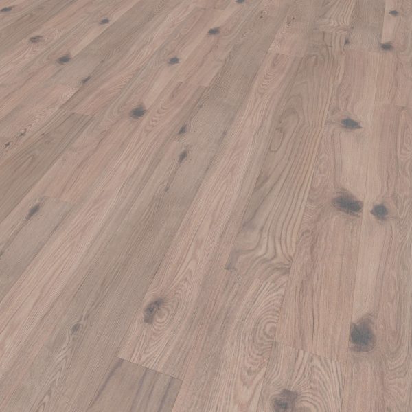 A close-up of Falcon Oak flooring shows light brown planks with visible wood grain and natural knots across the surface.