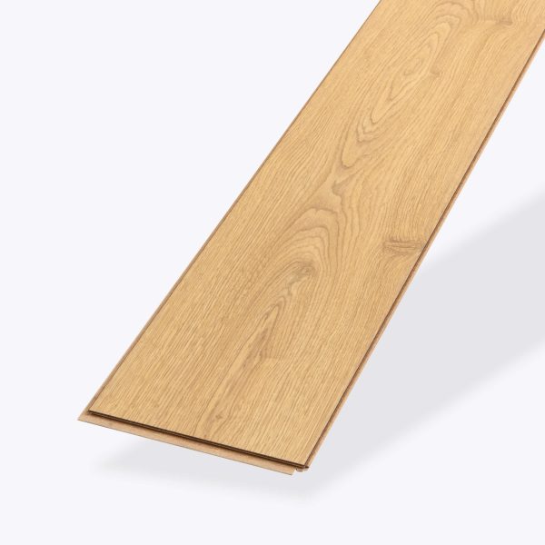 A Sandy Oak laminate flooring plank is displayed on a plain white background, featuring its natural wood grain texture and interlocking edge design.
