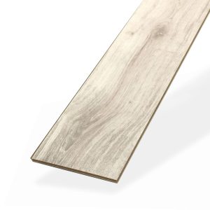 A single plank of Palmetto Oak light gray wood-look laminate flooring featuring a textured surface and natural grain patterns, displayed against a white background.