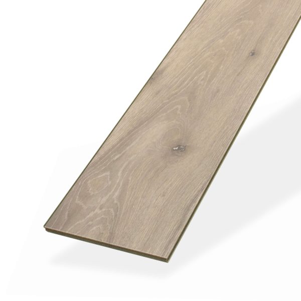 A single Fairwinds Oak* plank of light brown wood flooring with visible grain patterns and knot details is shown against a white background.