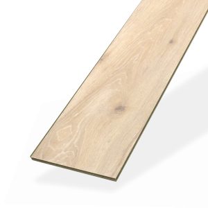 A single River Run Oak floorboard with a natural wood grain and light finish is displayed on a white background. The rectangular board is slightly angled to emphasize its length and thickness.