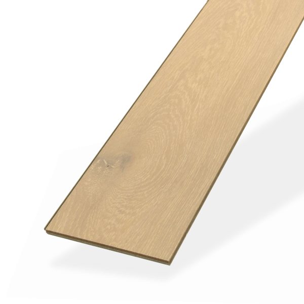 A single Rockport Oak laminate flooring plank in a light wood color with subtle wood grain, displayed angled on a white background.