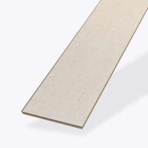 A single Paseo Fulwell beige laminate flooring plank with a wood-textured surface is shown diagonally against a white background, highlighting its slim profile and interlocking edge.