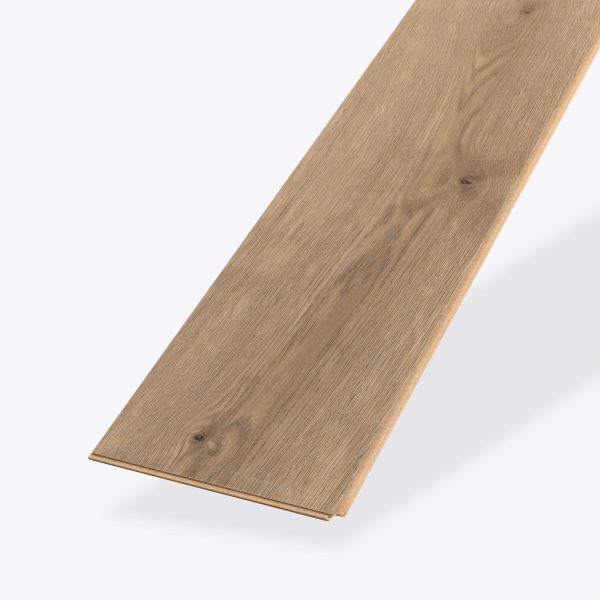 The Charlotte Oak plank is shown at an angle, highlighting its light brown color, natural wood grain texture, thickness, and edge details, isolated on a white background.