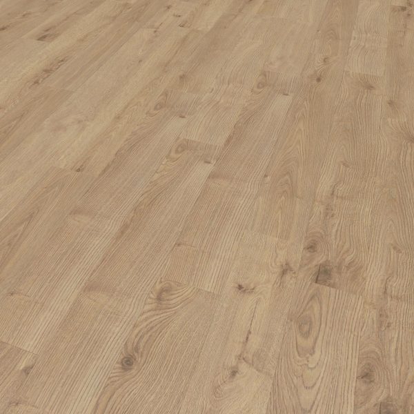 A close-up view of the Moraine light brown wooden floor highlights its smooth, polished surface, distinct grain patterns, natural knots, and interlocking planks.