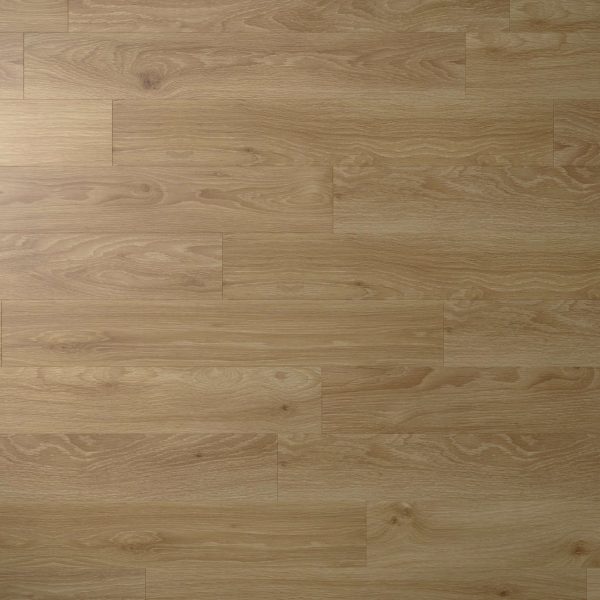 Minnewanka features a light brown wood floor with natural grain patterns, arranged in a staggered plank layout. Its smooth, clean surface highlights subtle tonal and textural variations.