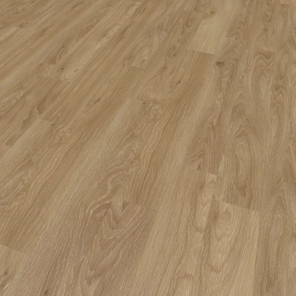 Close-up view of Minnewanka light brown wooden laminate flooring, featuring a natural wood grain pattern and subtle color variations. The planks are laid parallel, resulting in a smooth, seamless surface.