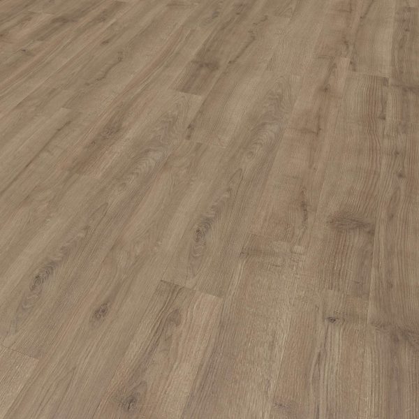 A close-up of Vermilion laminate flooring shows a natural, light brown wood pattern with visible grain and knots. The smooth surface looks clean and is evenly installed.