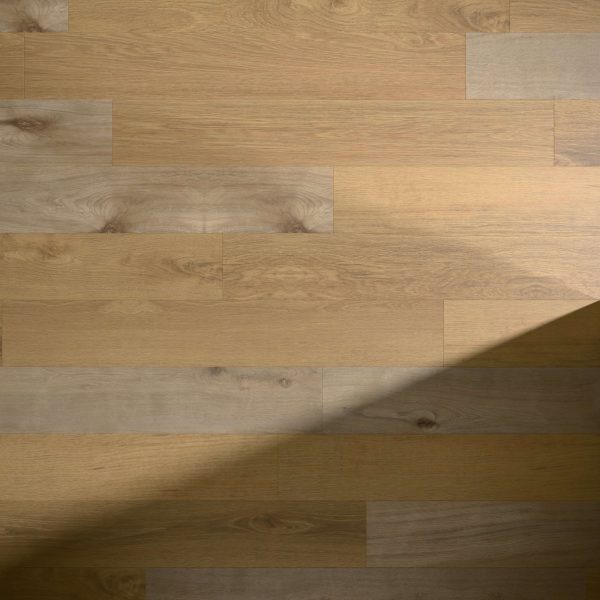 Bow is a light brown wooden floor featuring visible wood grain and knots. A diagonal shadow crosses the bottom right corner, contrasting the illuminated and shaded areas of the floor.