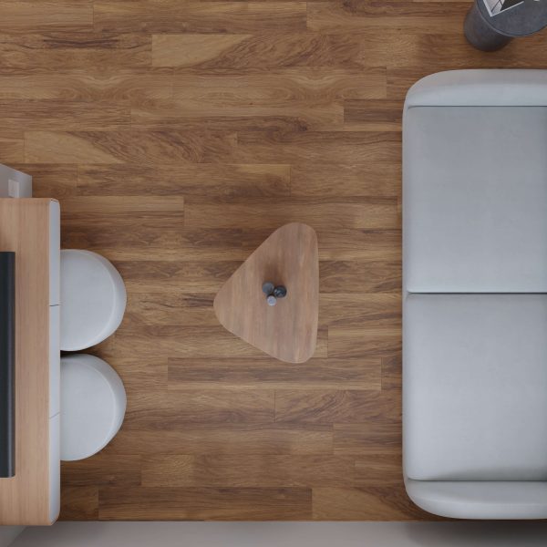 Top-down view of a modern living space featuring the Marmot* light gray couch, a small triangular wooden coffee table, two round white stools, a desk with a monitor—all set on a wooden floor.